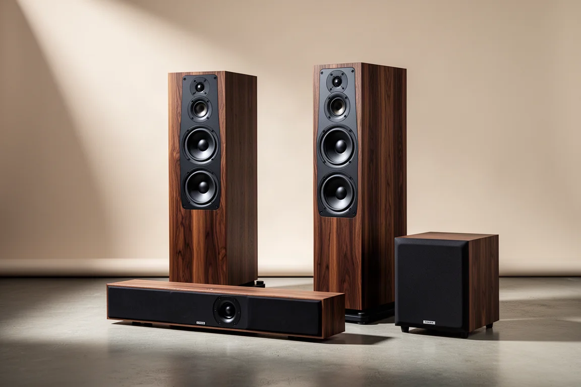 Home theater speaker group with two towers, a centre channel and a subwoofer on concrete