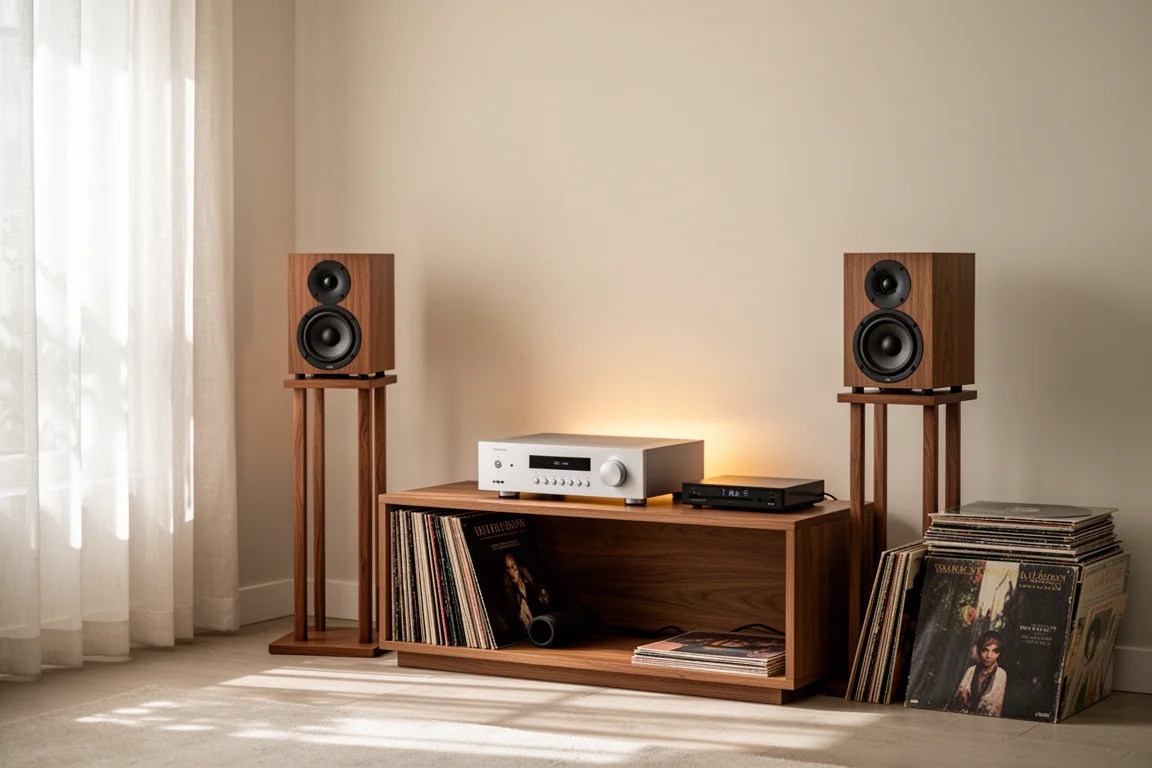 Kompakte Regallautsprecher auf Ständern in einem hellen Wohnzimmer neben einem Stereo-Verstärker