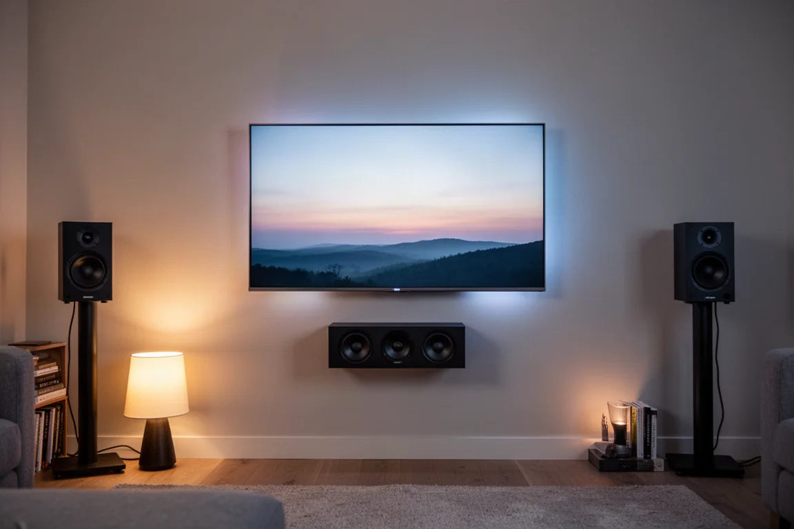 Wohnzimmer-Heimkino-Setup mit Center-Lautsprecher und Bildschirmglühen in der Abenddämmerung
