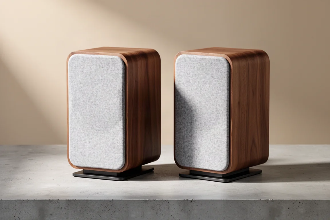 Pair of walnut-tone JBL Stage 250B bookshelf speakers with gray grilles on concrete
