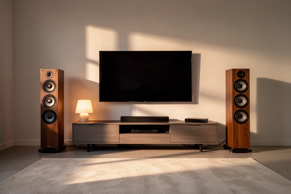 Living room at dusk with tall floorstanding speakers flanking a wall mounted television