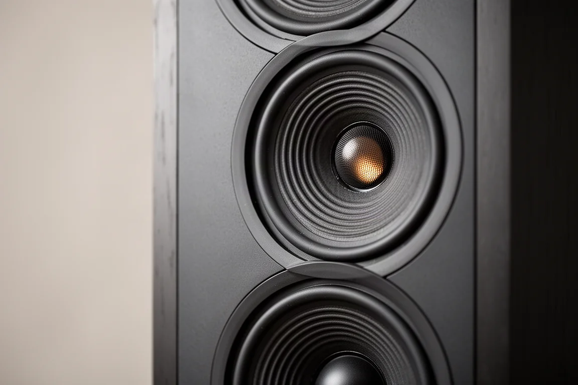 Close view of a floorstanding speaker baffle with two ribbed woofers and a dome tweeter
