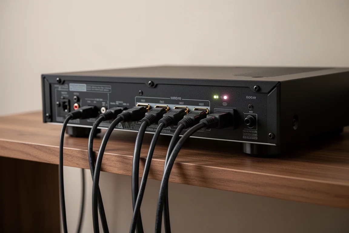 Rear panel of a slim AV receiver with HDMI cables connected on a wooden shelf