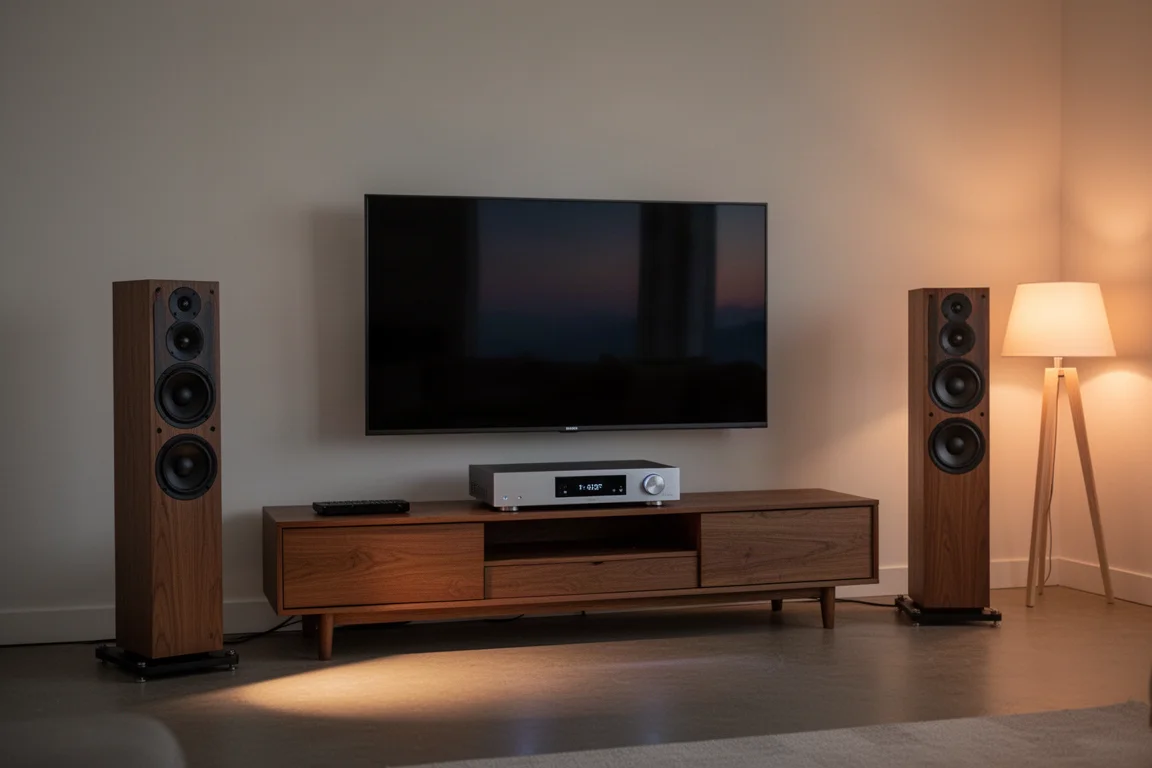 Tidy living room media setup at dusk with a receiver on a console and two tower speakers