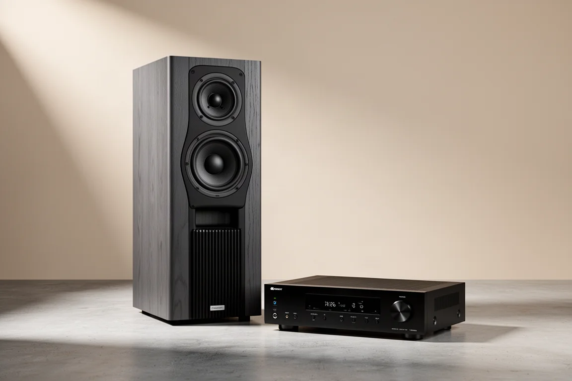 Floorstanding speaker and slim AV receiver arranged on a concrete surface against a neutral backdrop