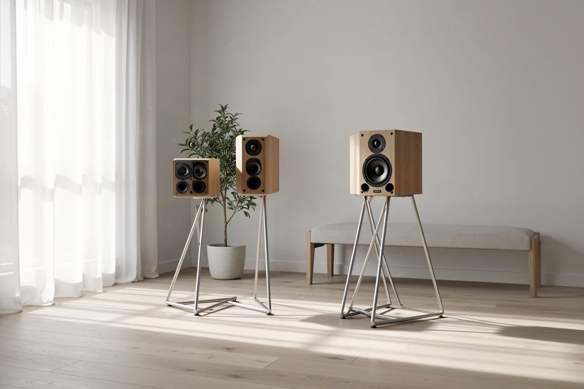 Regallautsprecher auf Ständern in einem hellen, minimalistischen Wohnzimmer mit Nachmittagslicht