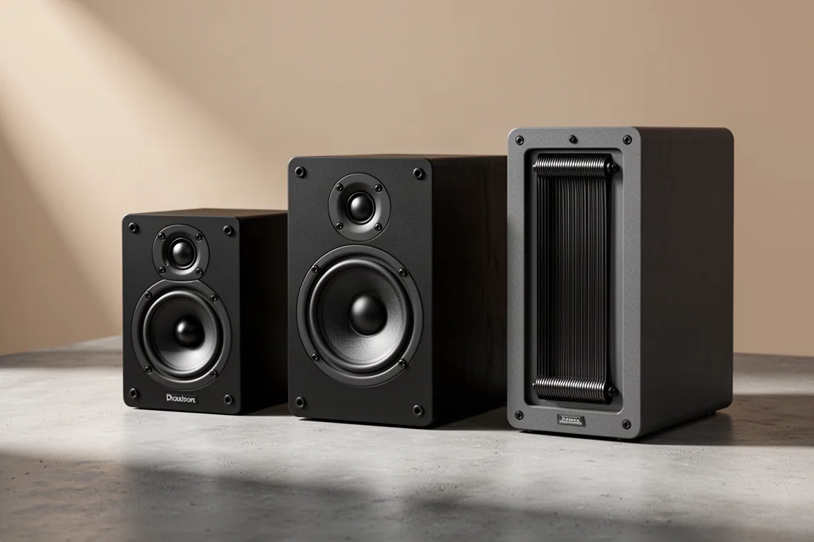 Three compact bookshelf speakers in a row on a concrete surface under soft studio light