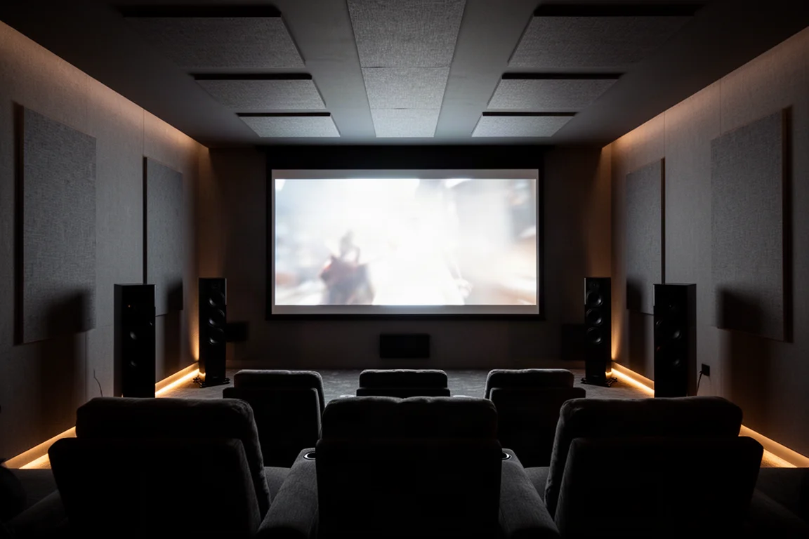 Sala home theater scura con schermo di proiezione luminoso e diffusori tower sul frontale