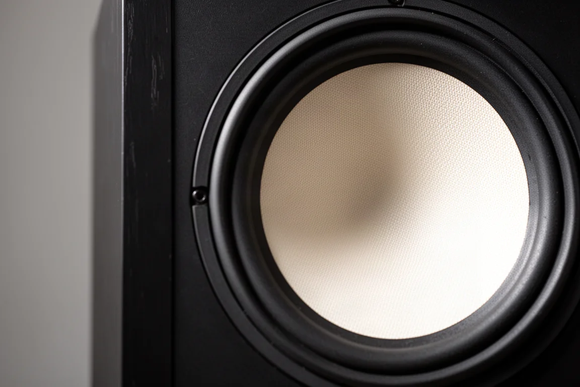 Primo piano di un grande cono woofer e della sospensione in gomma su un baffle nero opaco