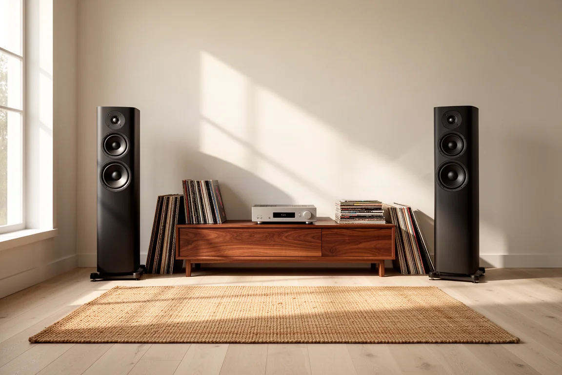 Sala d'ascolto luminosa con due diffusori tower, un mobile in noce e dischi in vinile