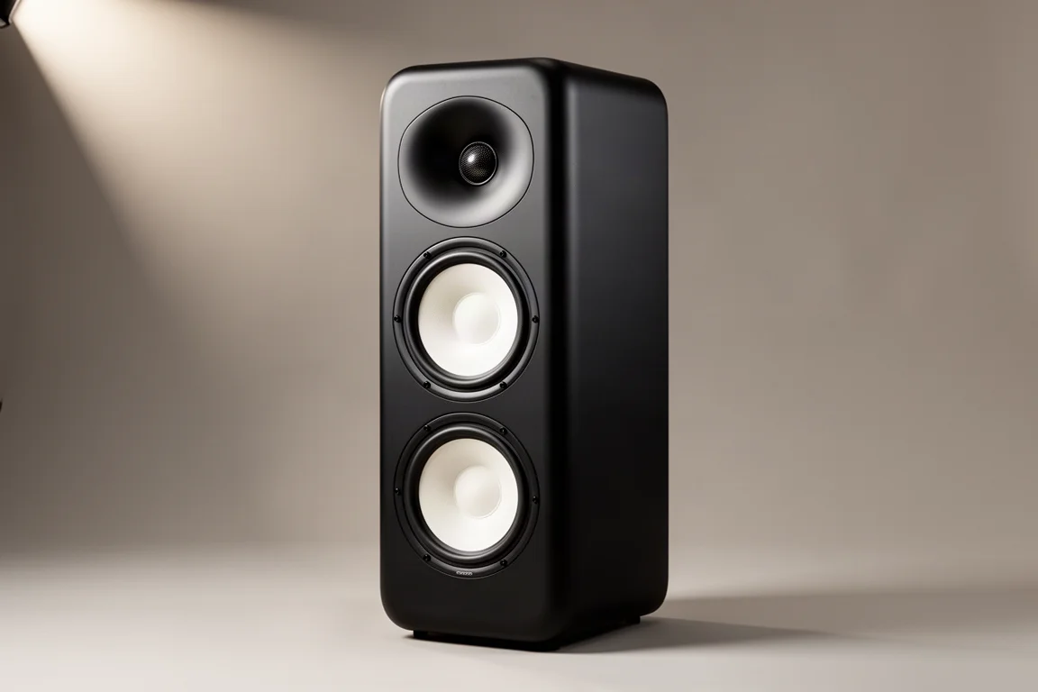 Matte black floorstanding tower speaker with white woofers on a grey backdrop