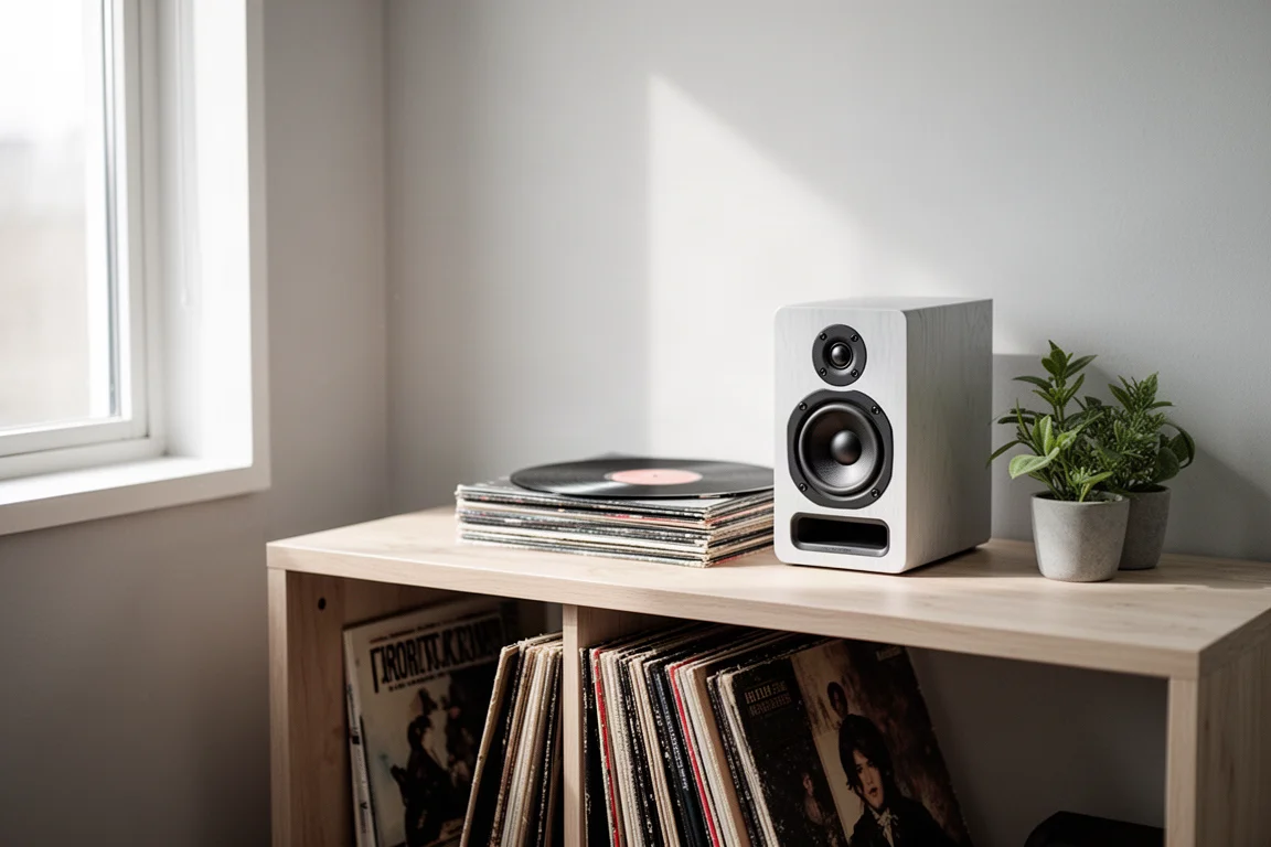 Enceinte bibliothèque sur une étagère en bois à côté de vinyles et d'une petite plante