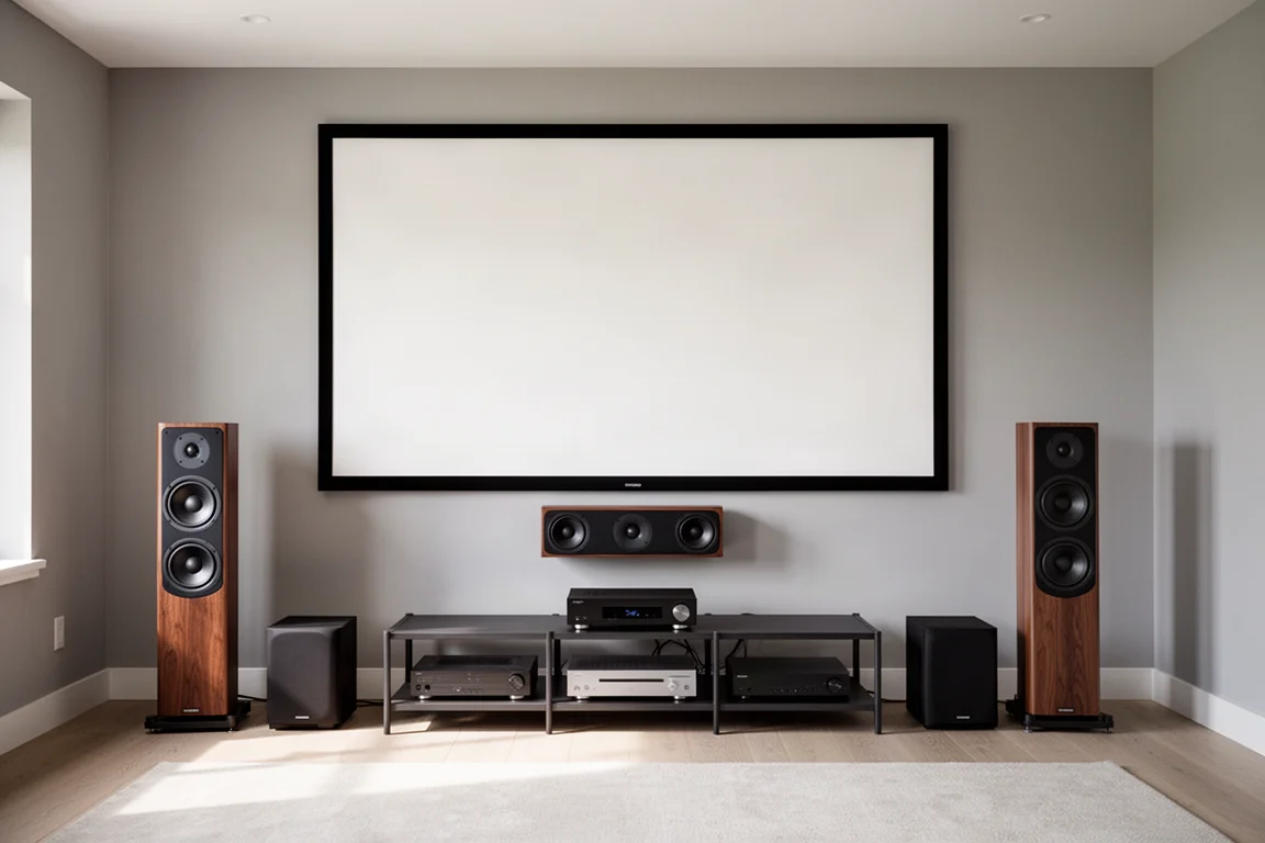 Salle home cinéma avec enceintes colonnes et un rack d'équipement bas