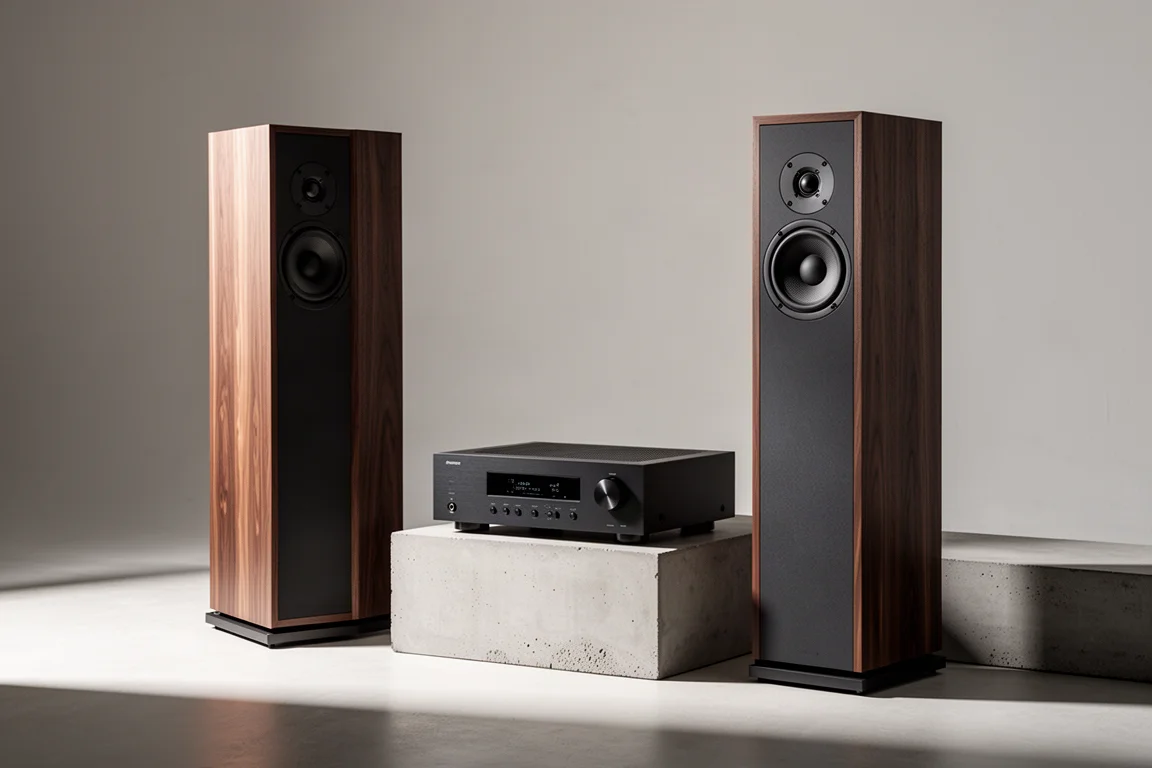 Pair of floorstanding speakers with a slim AV receiver on a concrete plinth
