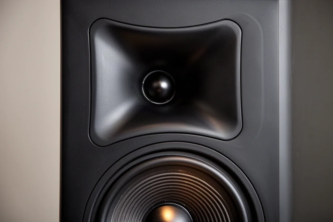 Close-up van een luidsprekerbaffle met een uitlopende hoornwaveguide en een geribbelde mid-bass conus