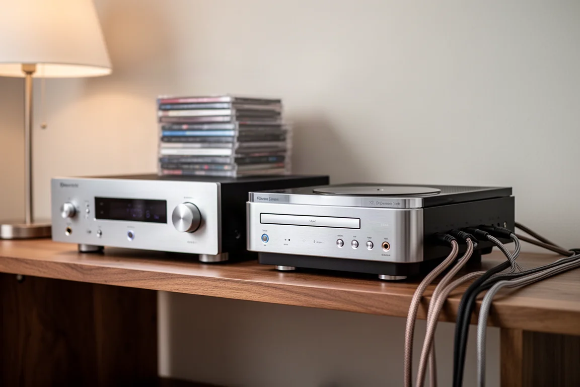Geïntegreerde versterker en cd-speler op een houten hifi-plank met luidsprekerkabels