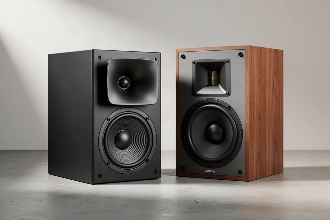 Two compact horn-loaded bookshelf speakers side by side on a concrete surface