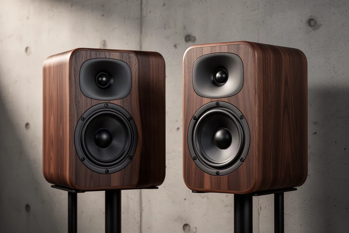 Two dark wood-grain bookshelf speakers on stands against a matte concrete wall
