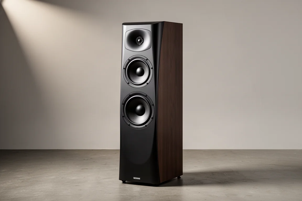 Tall floorstanding tower speaker with dual 8-inch woofers and a waveguide tweeter on a neutral backdrop