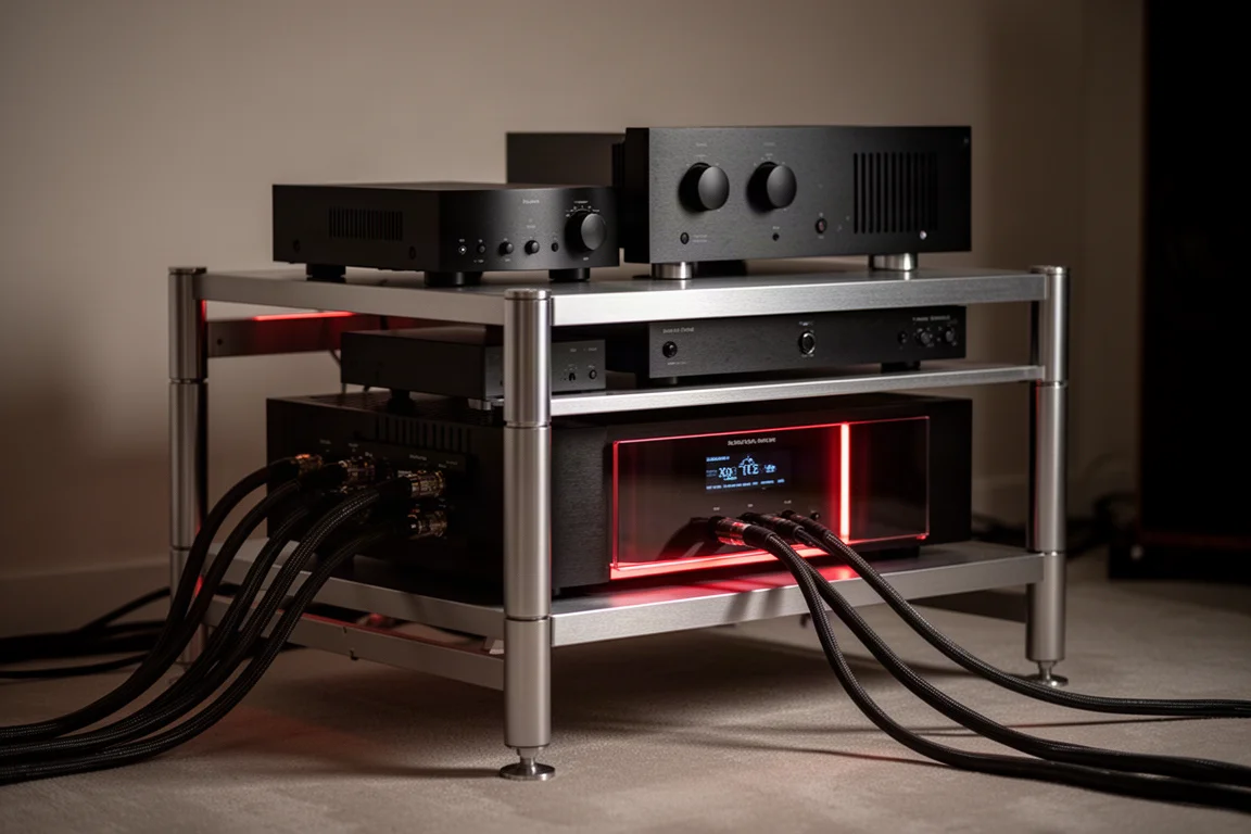 Rack de equipos hi-fi con un preamplificador y una etapa de potencia iluminados en una sala oscura
