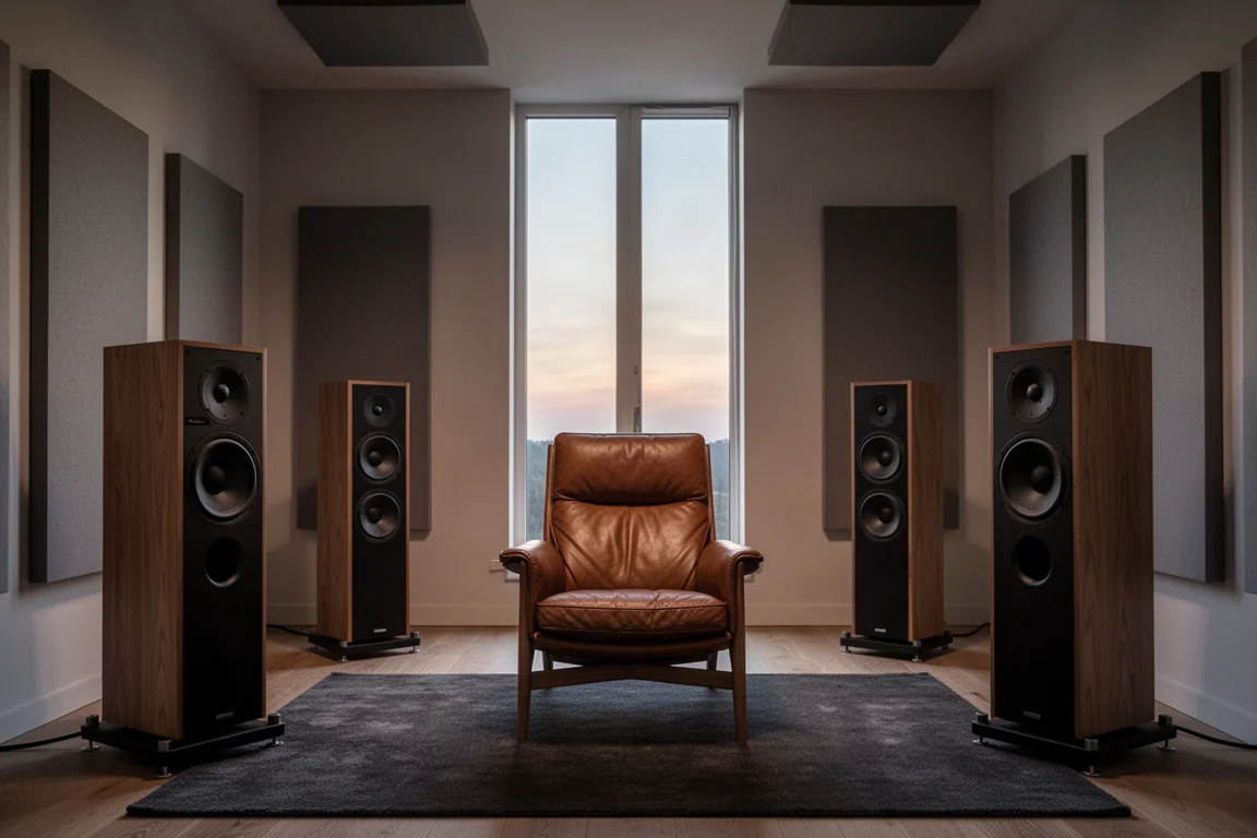 Sillón de escucha vacío frente a dos grandes altavoces en una sala de referencia tratada