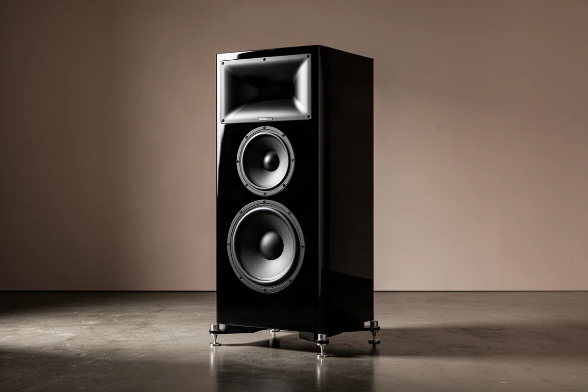 High-gloss black floorstanding loudspeaker with horn and large woofer on dark concrete floor