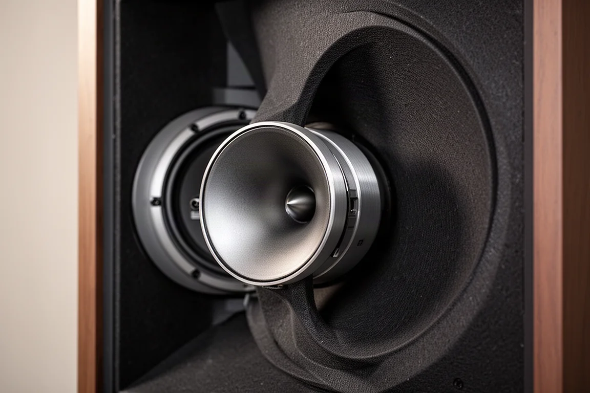 Compression driver and molded horn detail inside a high-end loudspeaker cabinet