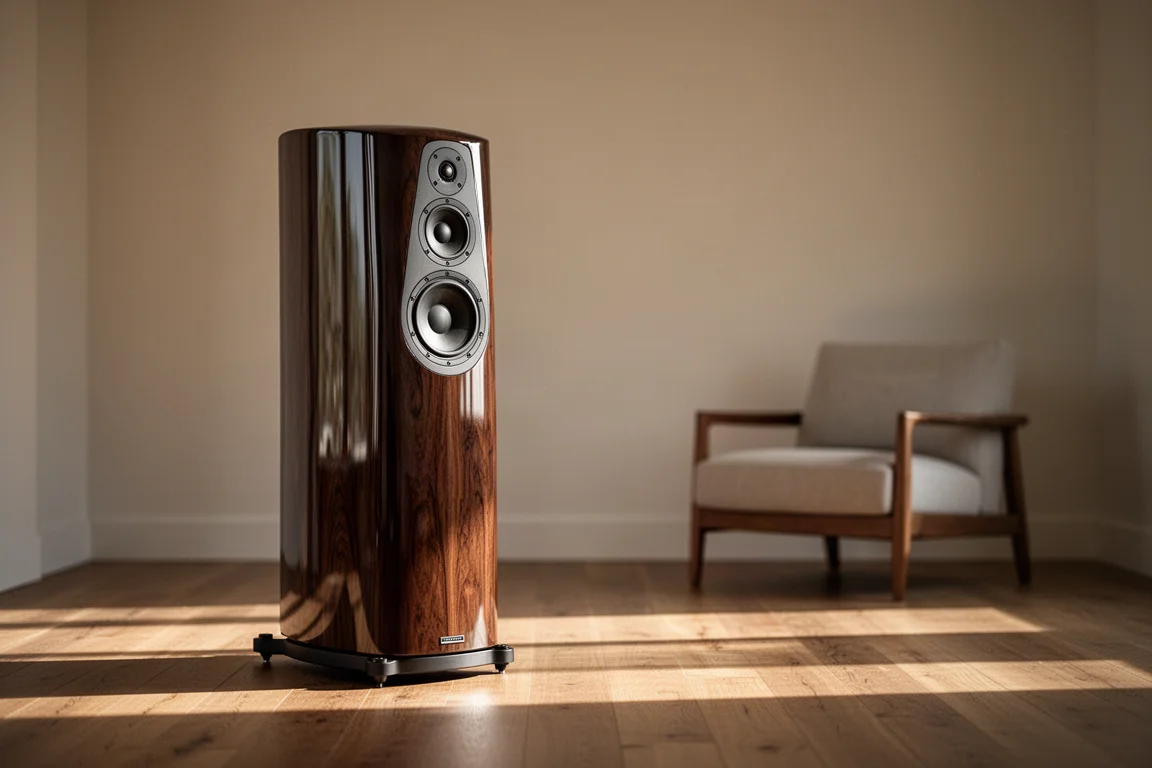 Medium floorstanding loudspeaker in a softly lit listening room with wooden floor