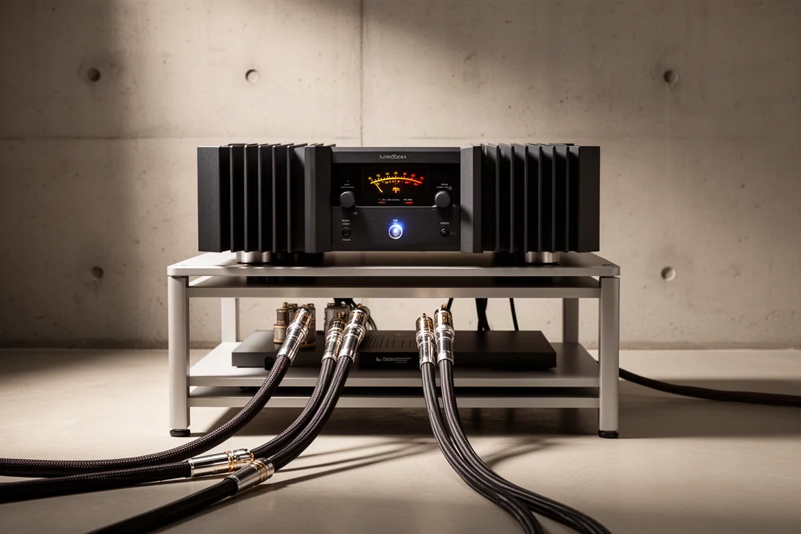 High power stereo amplifier with thick speaker cables on a minimalist hi-fi rack