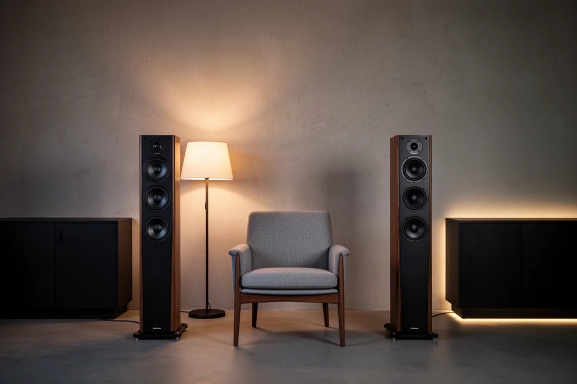 Listening chair between two tall loudspeakers in a dim room at dusk