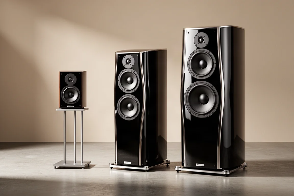 Three high-end JBL Summit loudspeakers of increasing size on a concrete floor