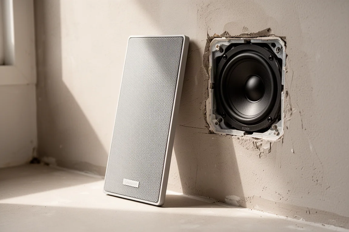 Grille d'enceinte peignable appuyée contre un mur à côté d'une enceinte encastrée installée