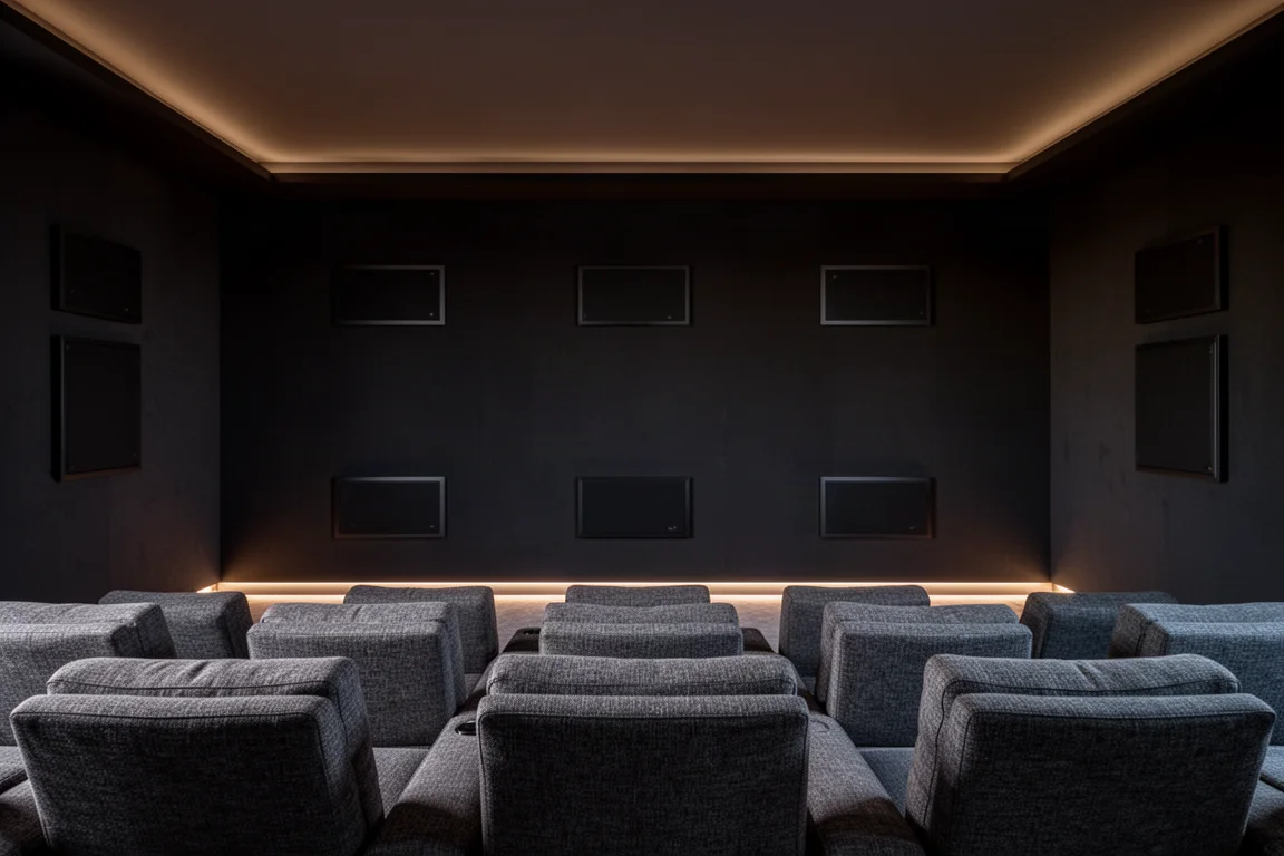 Home cinéma obscurci avec enceintes encastrées affleurantes et éclairage d'ambiance chaleureux