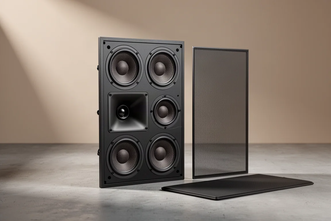 In-wall loudspeaker with compression driver horn and four woofers beside a magnetic grille