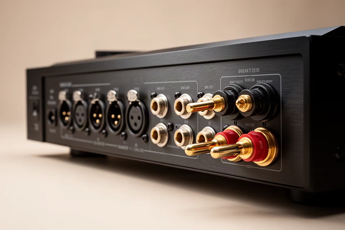 Close-up das entradas XLR e dos bornes de alto-falante reforçados no painel traseiro de um amplificador