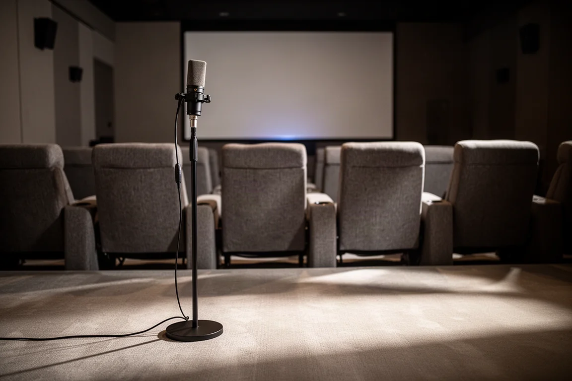 Microfone de medição em um suporte em uma sala de home theater com pouca luz e assentos vazios