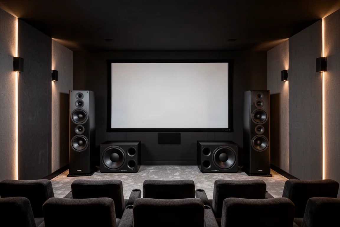 Home theater escuro com torres de alto-falantes e subwoofers ao longo da parede frontal