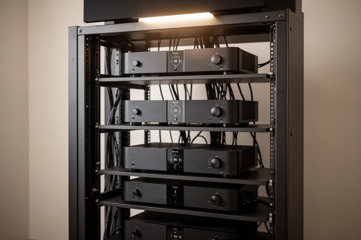 Rack de equipamentos aberto em uma sala de mídia com vários amplificadores pretos foscados