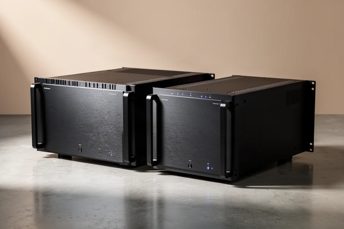 Two matte black multi-channel home theater power amplifiers side by side on concrete