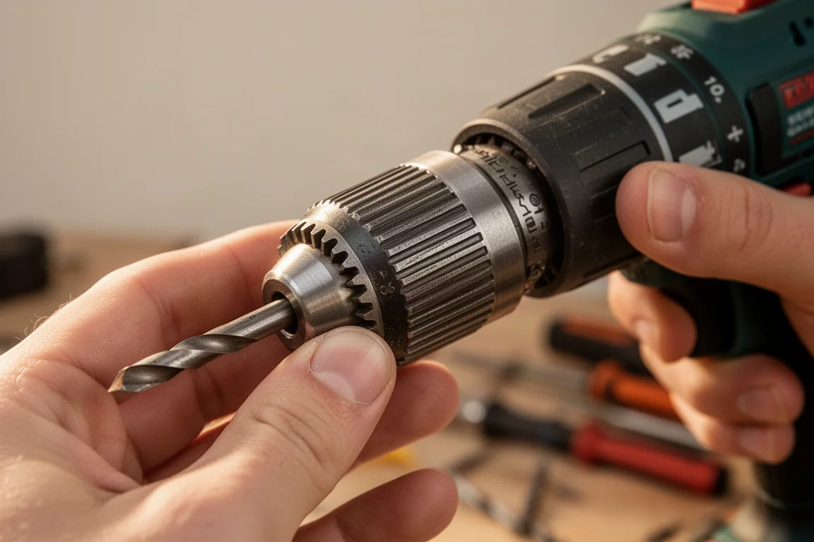 Snelspanboorhouder wordt met de hand bijgesteld op een werkbank bij zacht licht