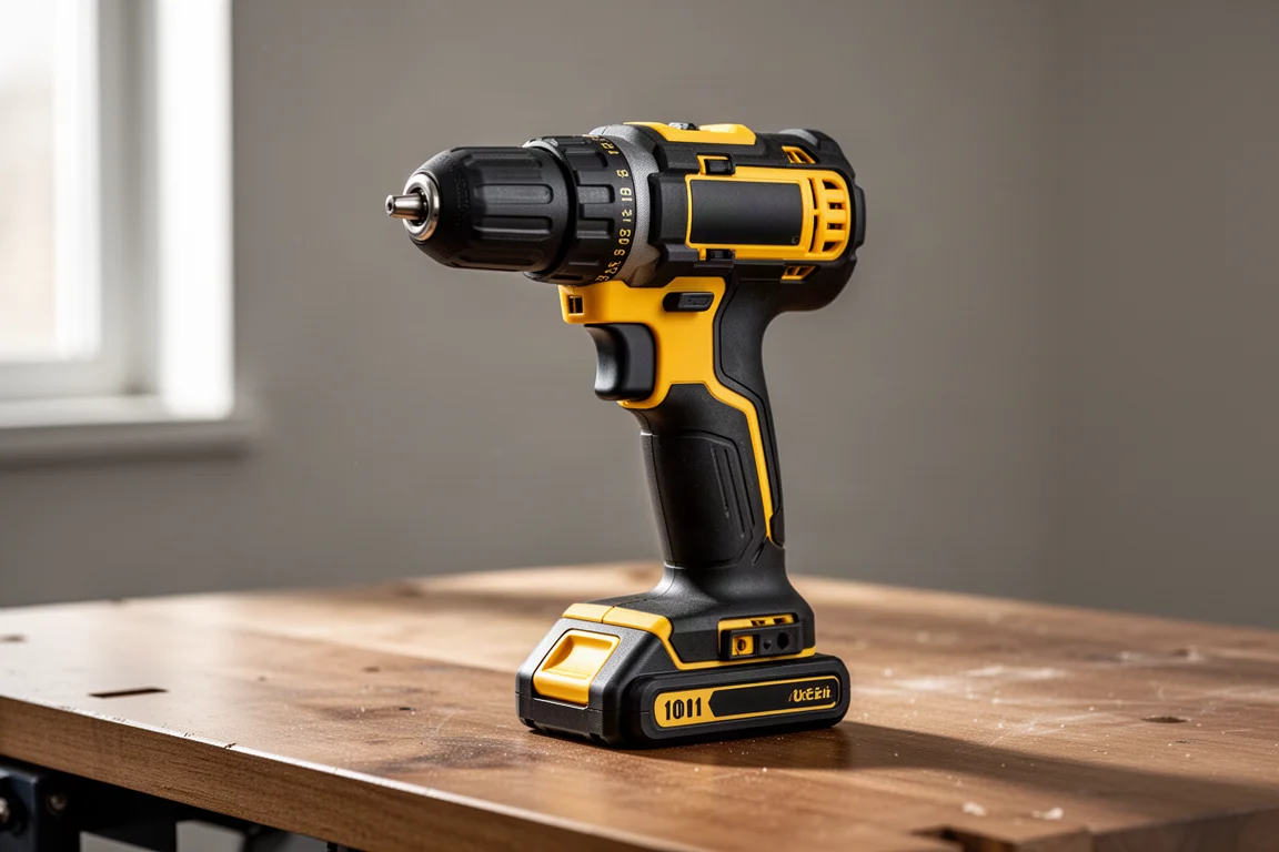 Trapano a batteria compatto nero e giallo con batteria su una bancata di lavoro in legno