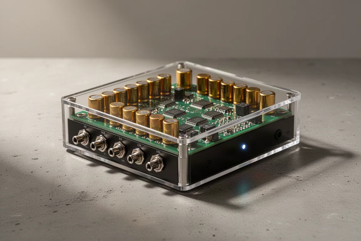 Transparent desktop DAC showing circuit board and gold capacitors on a concrete surface