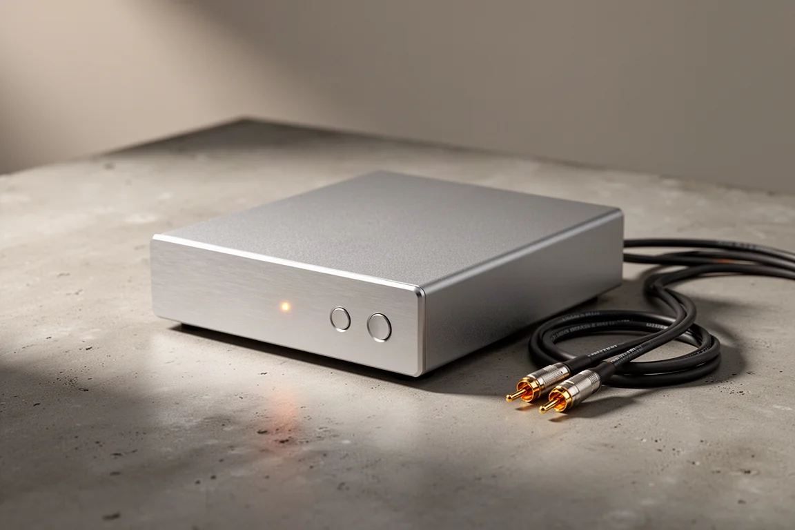 Slim aluminium desktop DAC with two front buttons and an indicator light on a concrete surface