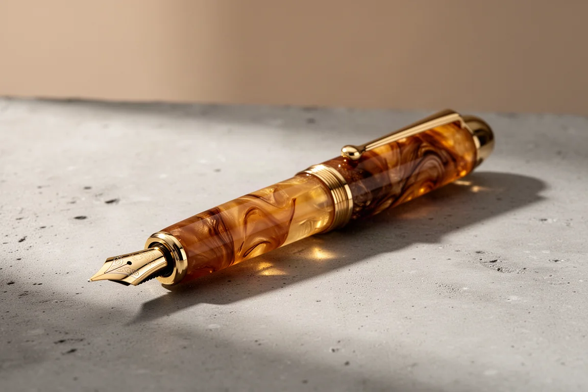 Stilografico a forma di sigaro con resina ambra dorata e finiture oro su cemento