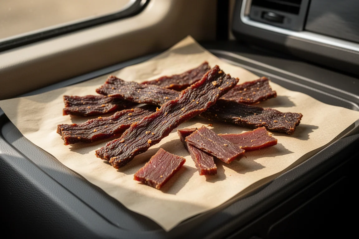 Gemengde donkere jerky-stroken op perkamentpapier in een voertuig