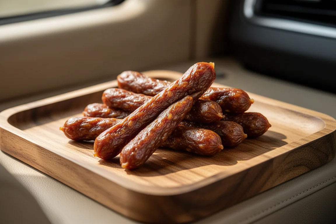 Teriyaki-beefsnacks op handformaat op een houten tray op het dashboard
