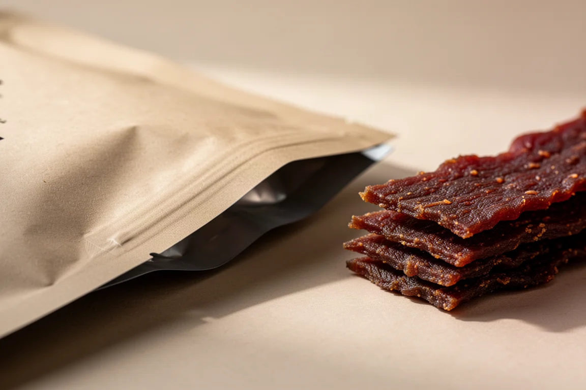 Close-up van jerky-verpakking in voedseletiketstijl met koolhydraatinformatie