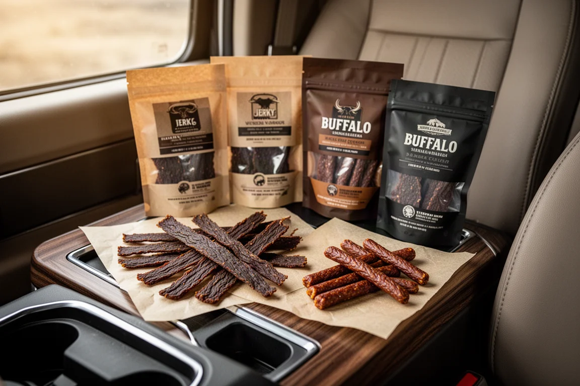 Assorted jerky packages and snack sticks arranged on a wooden vehicle console