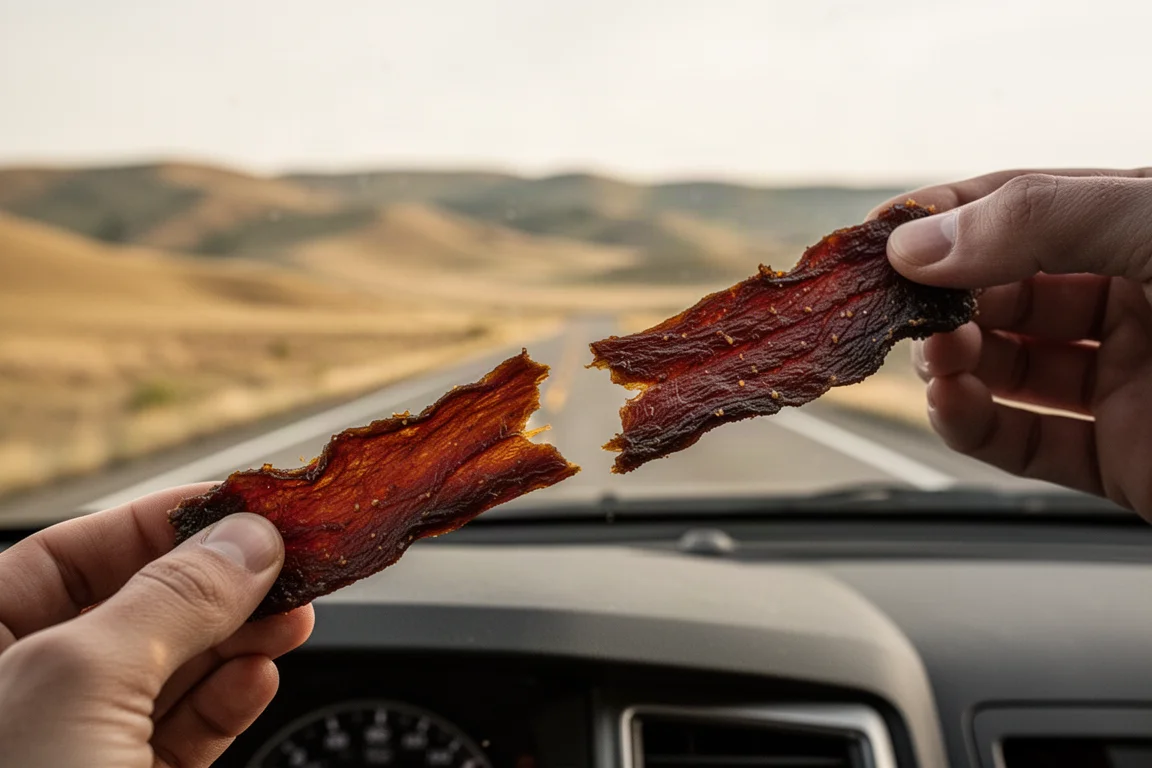 Mörk remsa torrkött söndragen framför bilens instrumentpanel under en bilresa