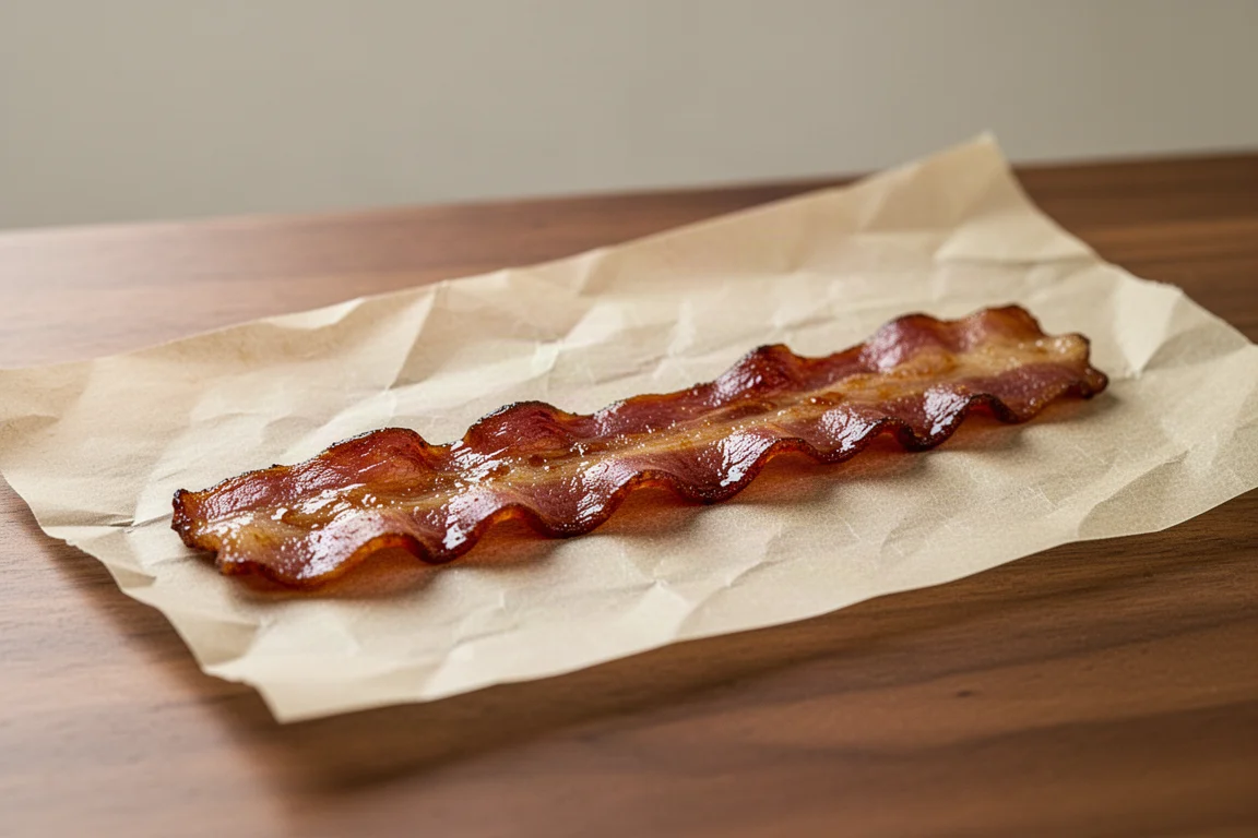 Baconstilad torrköttsremsa på bakplåtspapper med rökglasur